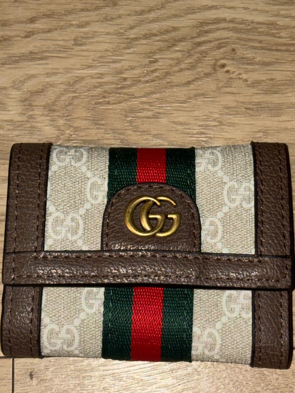 Gucci Beige Monogram Wallet with Brown Leather and Green-Red Web